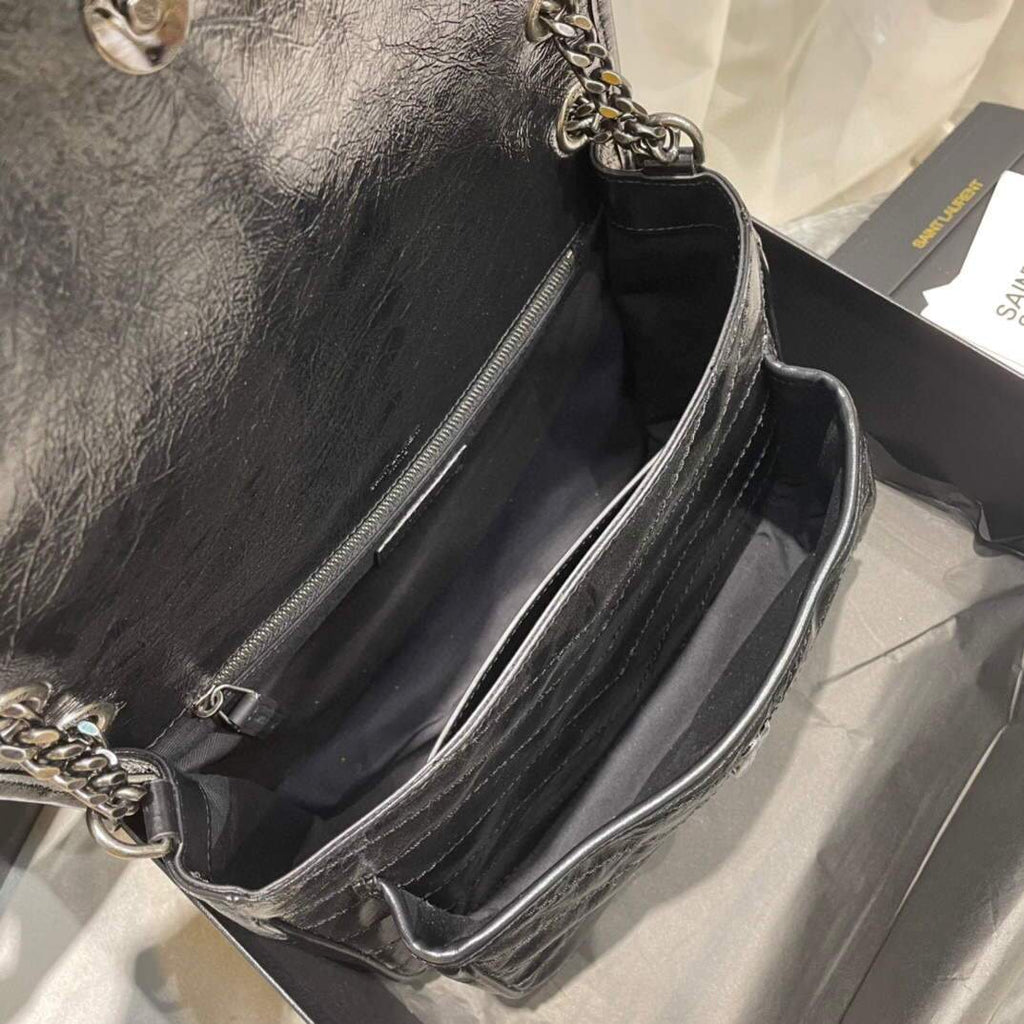 YSL 633158 Yves Saint Laurent Niki Medium In Quilted Crinkled Vintage Leather Bag Black