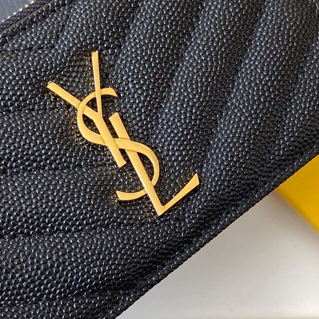 YSL Monogram Fragments Zippered Card Case In Grain De Poudre Embossed Leather 607915 Black Gold