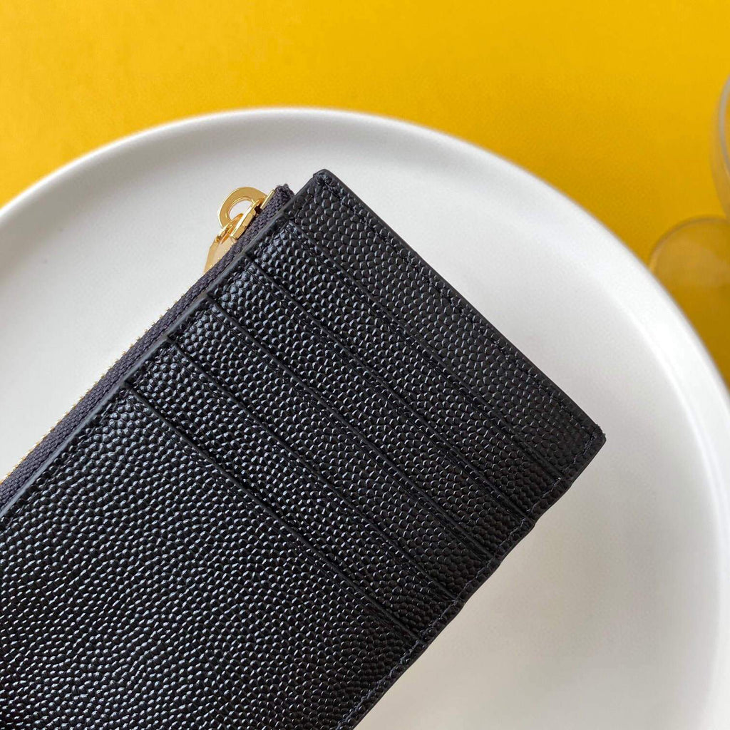 YSL Monogram Fragments Zippered Card Case In Grain De Poudre Embossed Leather 607915 Black Gold