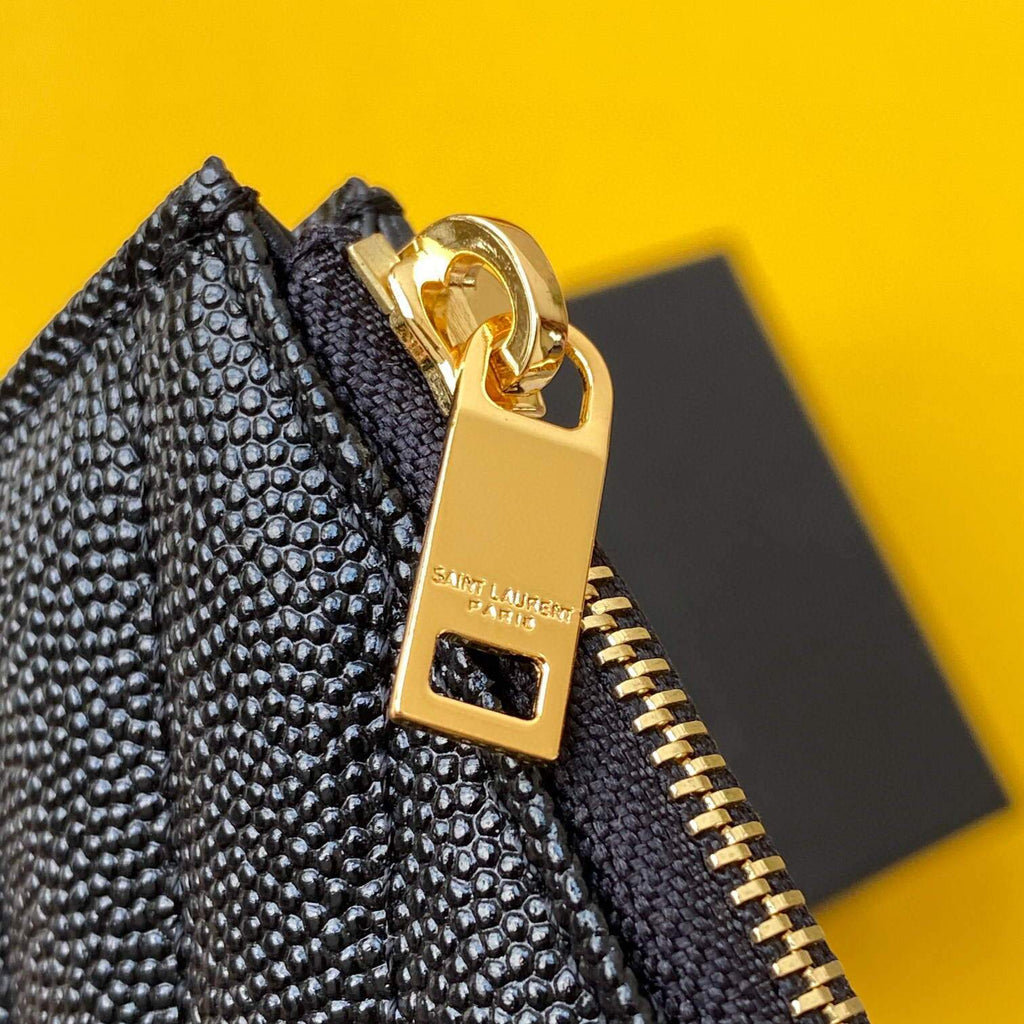 YSL Monogram Fragments Zippered Card Case In Grain De Poudre Embossed Leather 607915 Black Gold