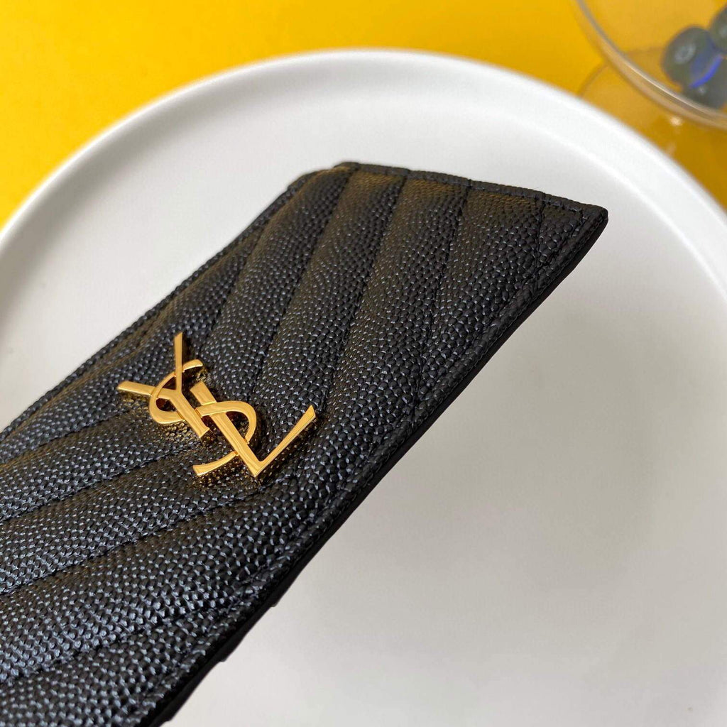 YSL Monogram Fragments Zippered Card Case In Grain De Poudre Embossed Leather 607915 Black Gold