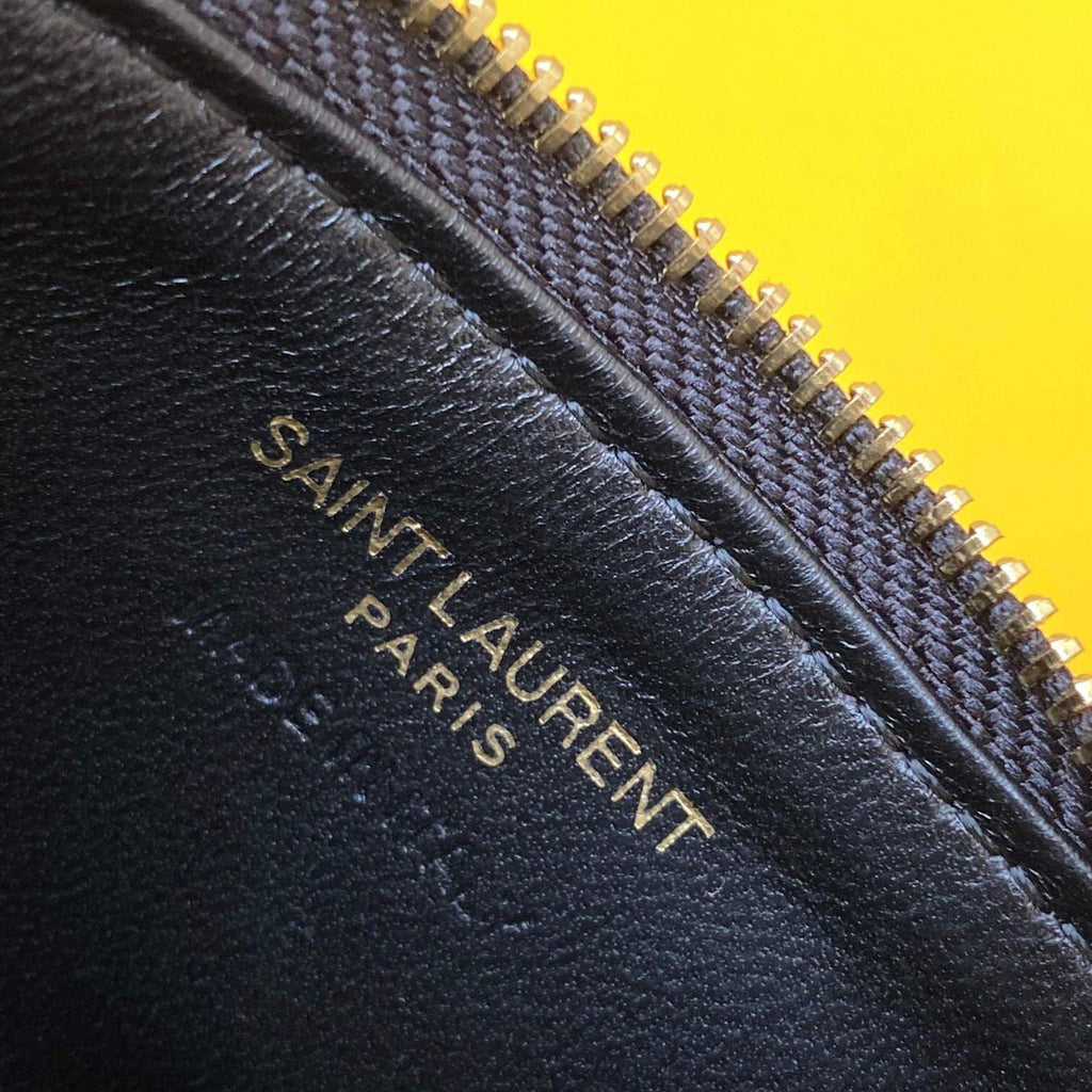 YSL Monogram Fragments Zippered Card Case In Grain De Poudre Embossed Leather 607915 Black Gold