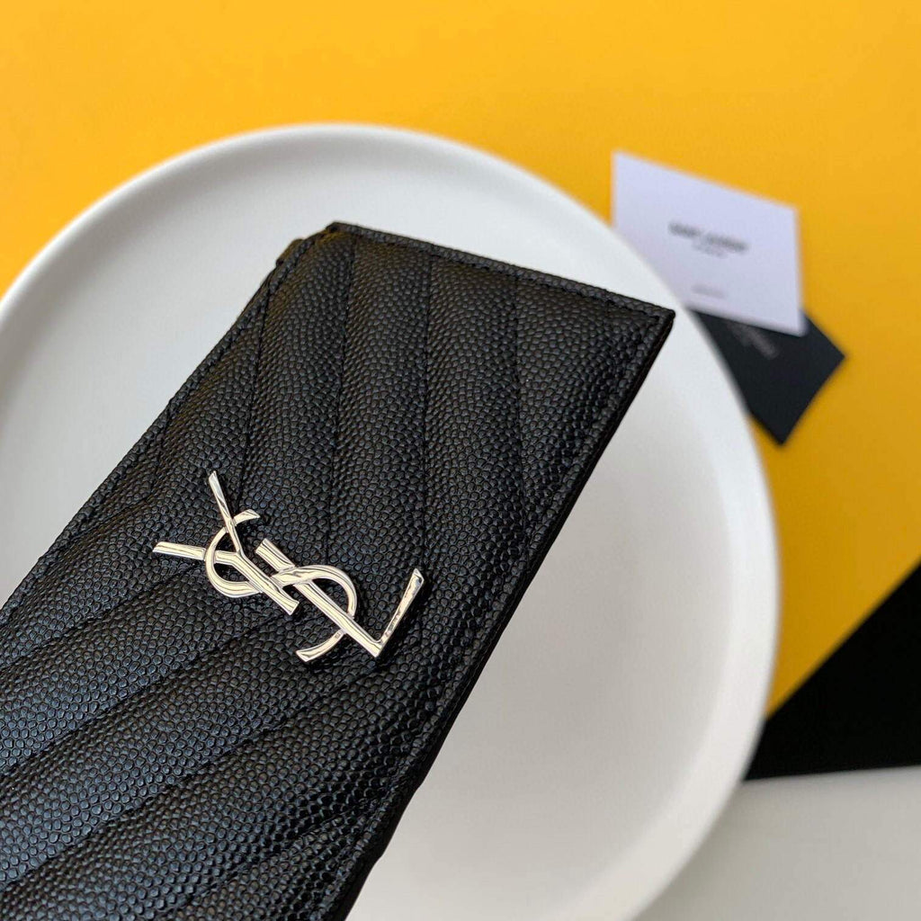 YSL Monogram Fragments Zippered Card Case In Grain De Poudre Embossed Leather 607915 Black Sliver