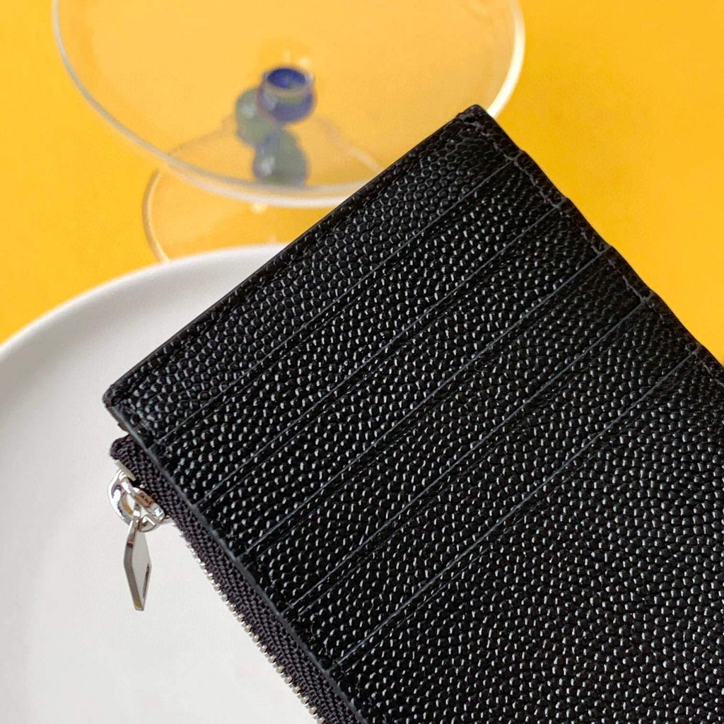 YSL Monogram Fragments Zippered Card Case In Grain De Poudre Embossed Leather 607915 Black Sliver