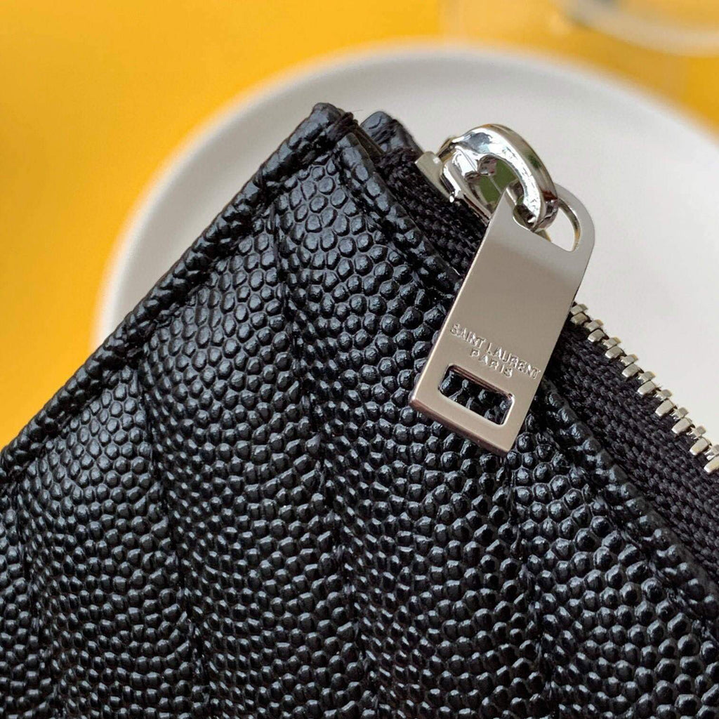 YSL Monogram Fragments Zippered Card Case In Grain De Poudre Embossed Leather 607915 Black Sliver