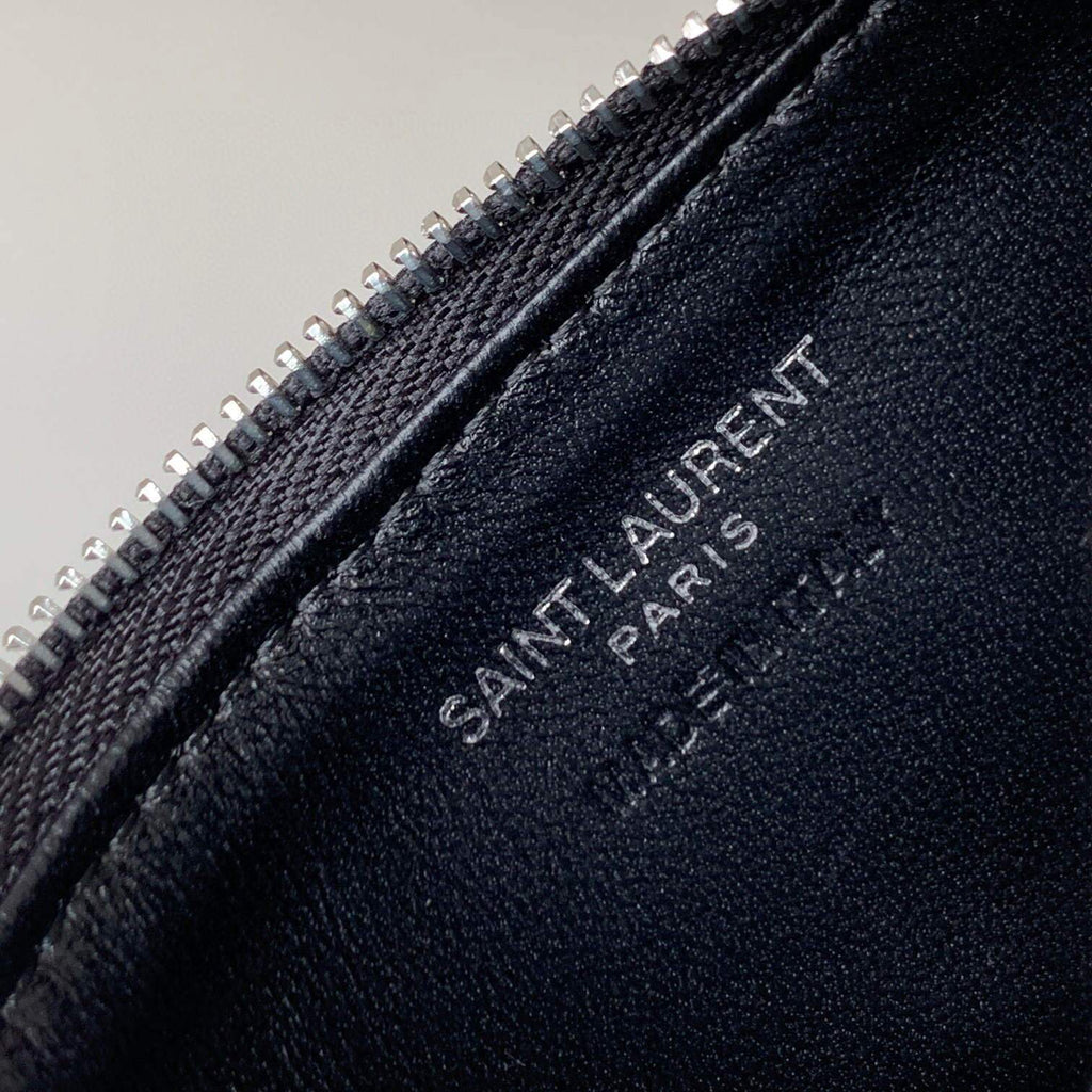 YSL Monogram Fragments Zippered Card Case In Grain De Poudre Embossed Leather 607915 Black Sliver