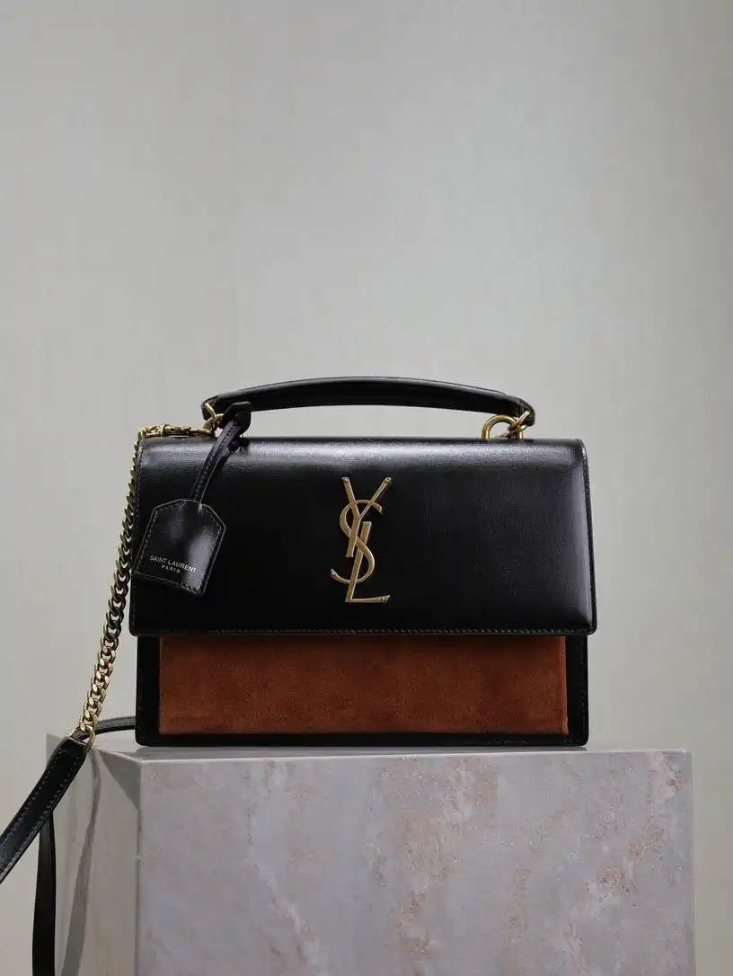 YSL 634723 SUNSET TOP HANDLE IN SMOOTH LEATHER AND Suede brown