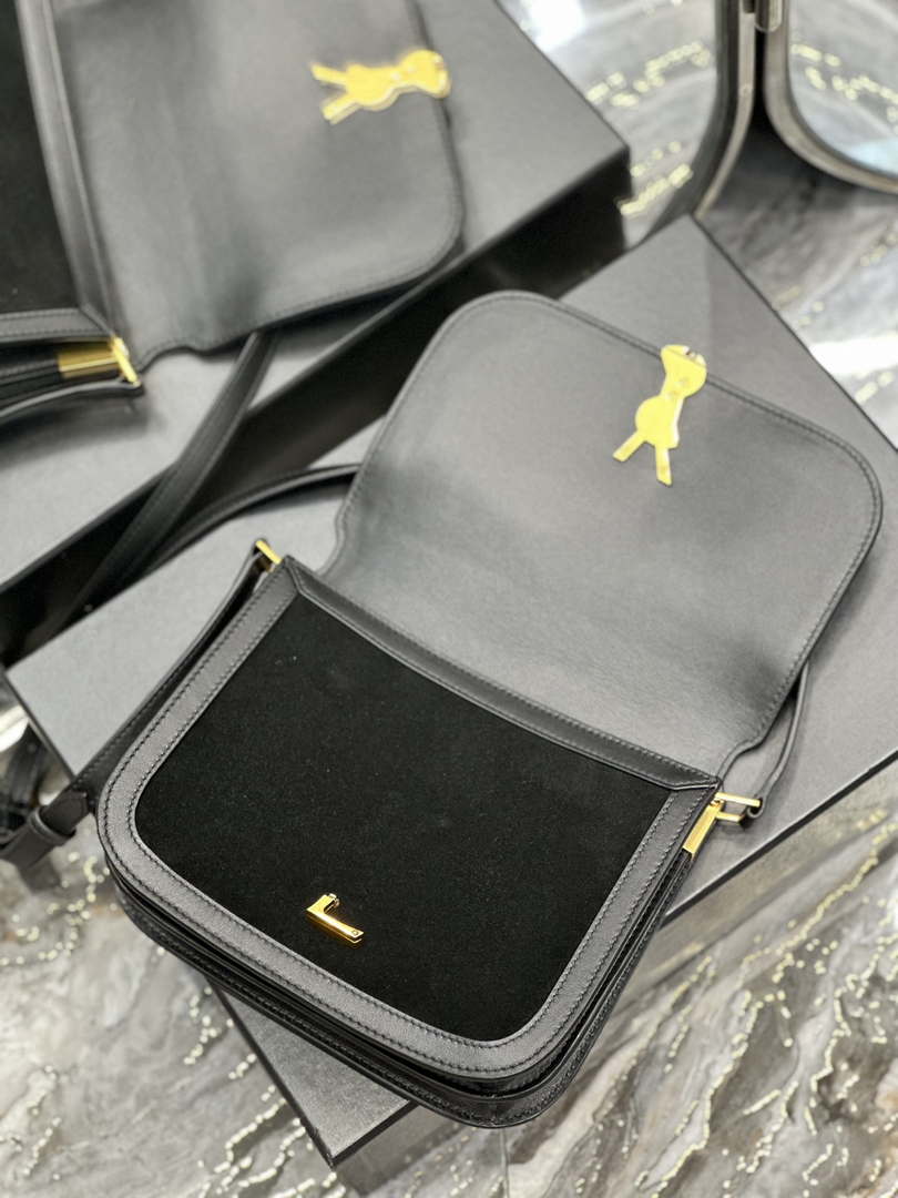 YSL 635025 Saint Laurent Solferino Medium Soft Satchel In Suede And Smooth Leather  Black