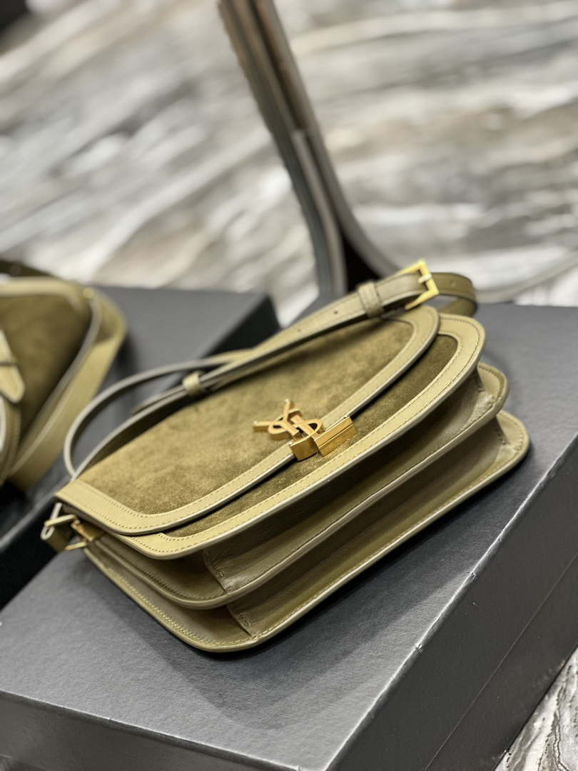 YSL 635025 Saint Laurent Solferino Medium Soft Satchel In Suede And Smooth Leather Green