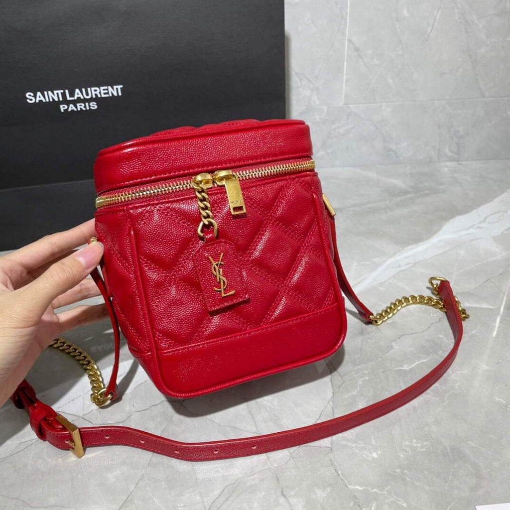 YSL 649779 80's Vanity Bag In Carr¨¦-Quilted Grain De Poudre Embossed Leather Red - luxibagsmall