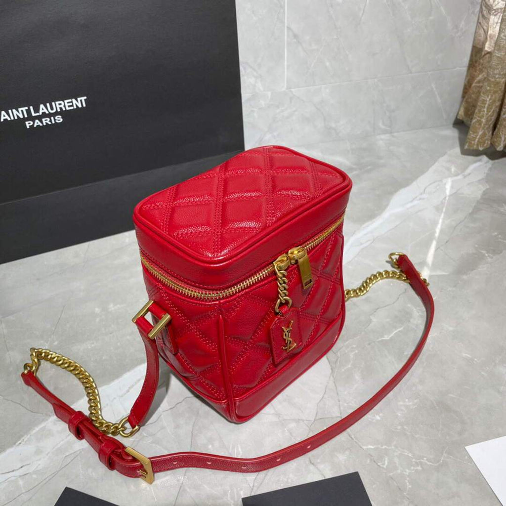 YSL 649779 80's Vanity Bag In Carr¨¦-Quilted Grain De Poudre Embossed Leather Red - luxibagsmall