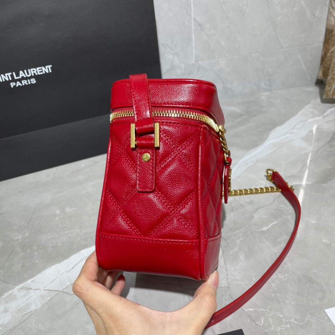YSL 649779 80's Vanity Bag In Carr¨¦-Quilted Grain De Poudre Embossed Leather Red - luxibagsmall