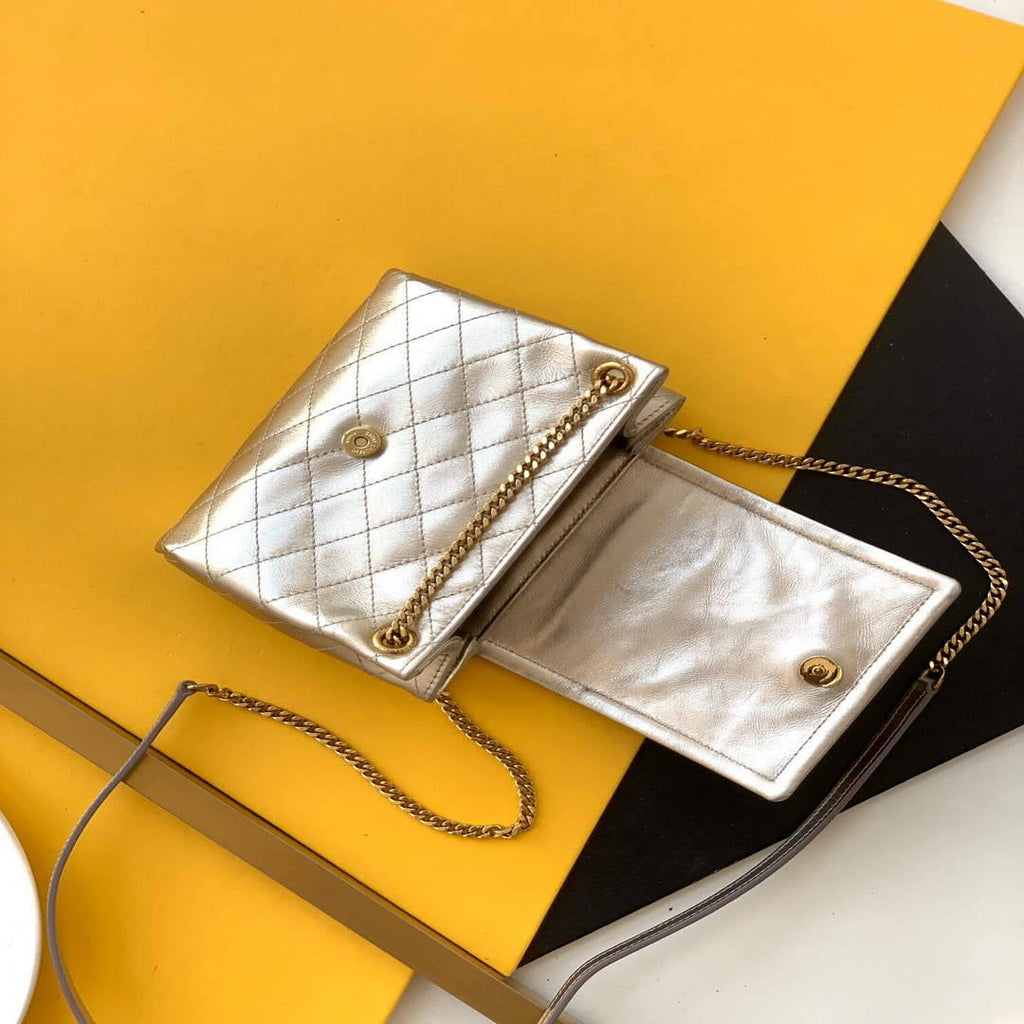 YSL 672738 Monogram Mini Nolita In Lam¨¦ Leather Gold
