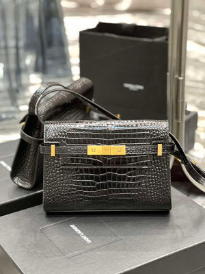 YSL 675626 Manhattan Small Shoulder Bag In Shiny Crocodile-Embossed Leather Black - Default Title - View 1