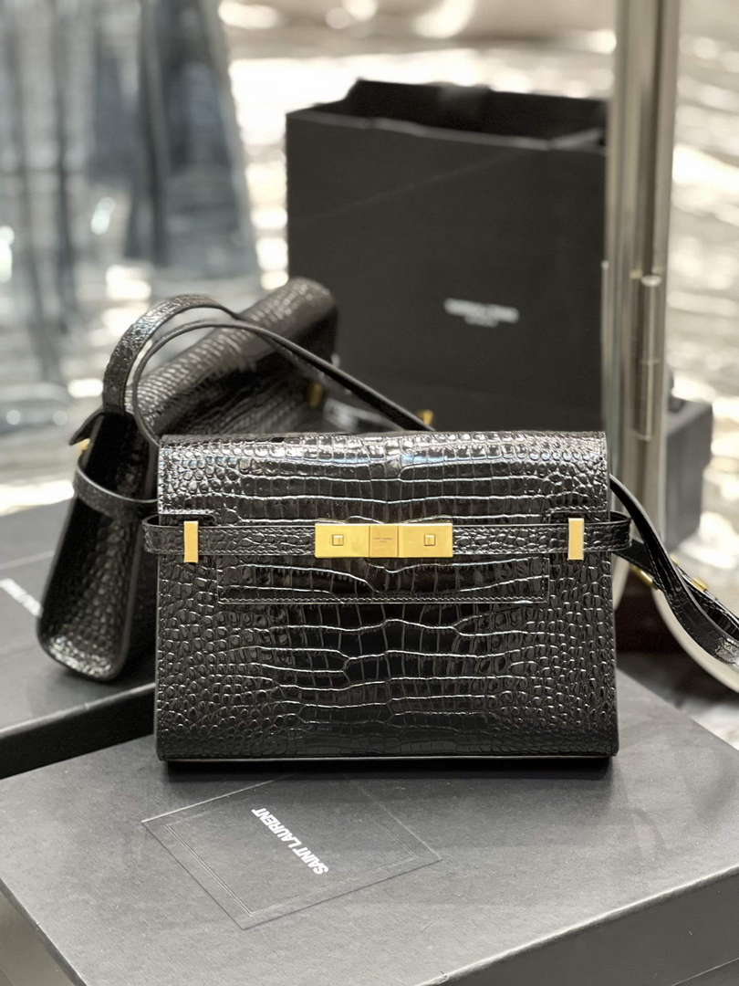 YSL 675626 Manhattan Small Shoulder Bag In Shiny Crocodile-Embossed Leather Black - Default Title - View 1