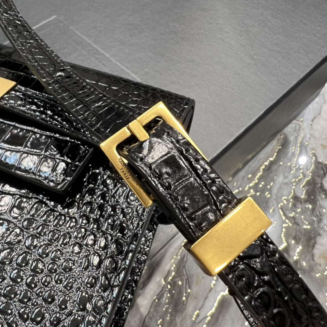 YSL 675626 Manhattan Small Shoulder Bag In Shiny Crocodile-Embossed Leather Black
