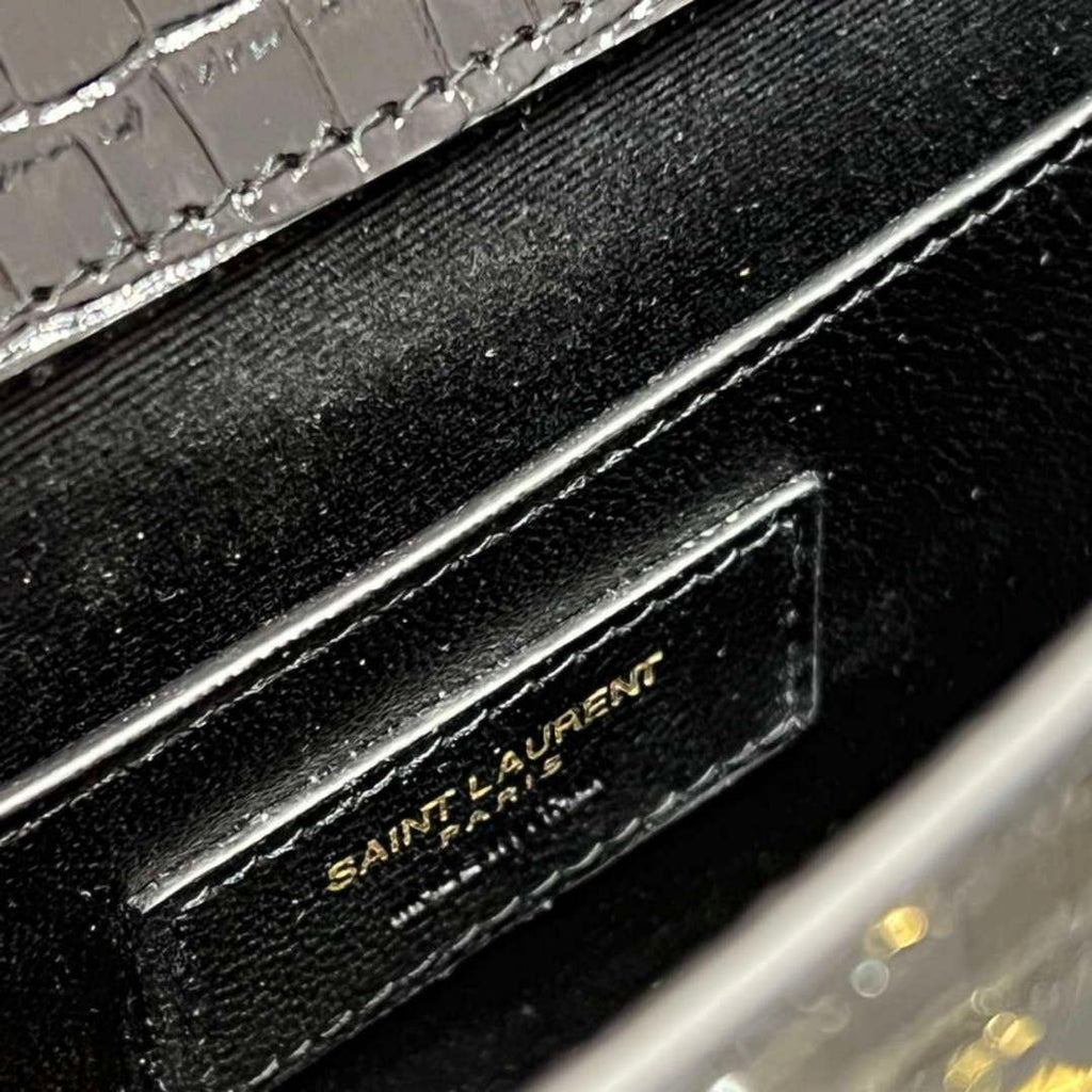 YSL 675626 Manhattan Small Shoulder Bag In Shiny Crocodile-Embossed Leather Black