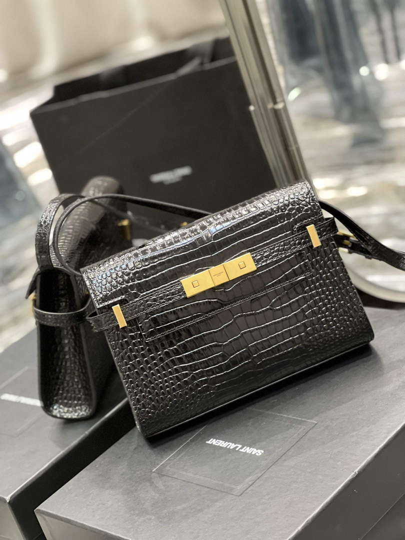 YSL 675626 Manhattan Small Shoulder Bag In Shiny Crocodile-Embossed Leather Black