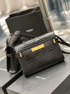YSL 675626 Manhattan Small Shoulder Bag In Shiny Crocodile-Embossed Leather Black - Default Title - View 2