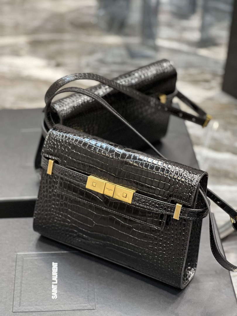 YSL 675626 Manhattan Small Shoulder Bag In Shiny Crocodile-Embossed Leather Black