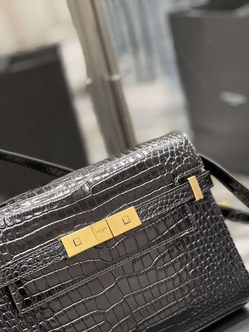 YSL 675626 Manhattan Small Shoulder Bag In Shiny Crocodile-Embossed Leather Black - Default Title - View 4