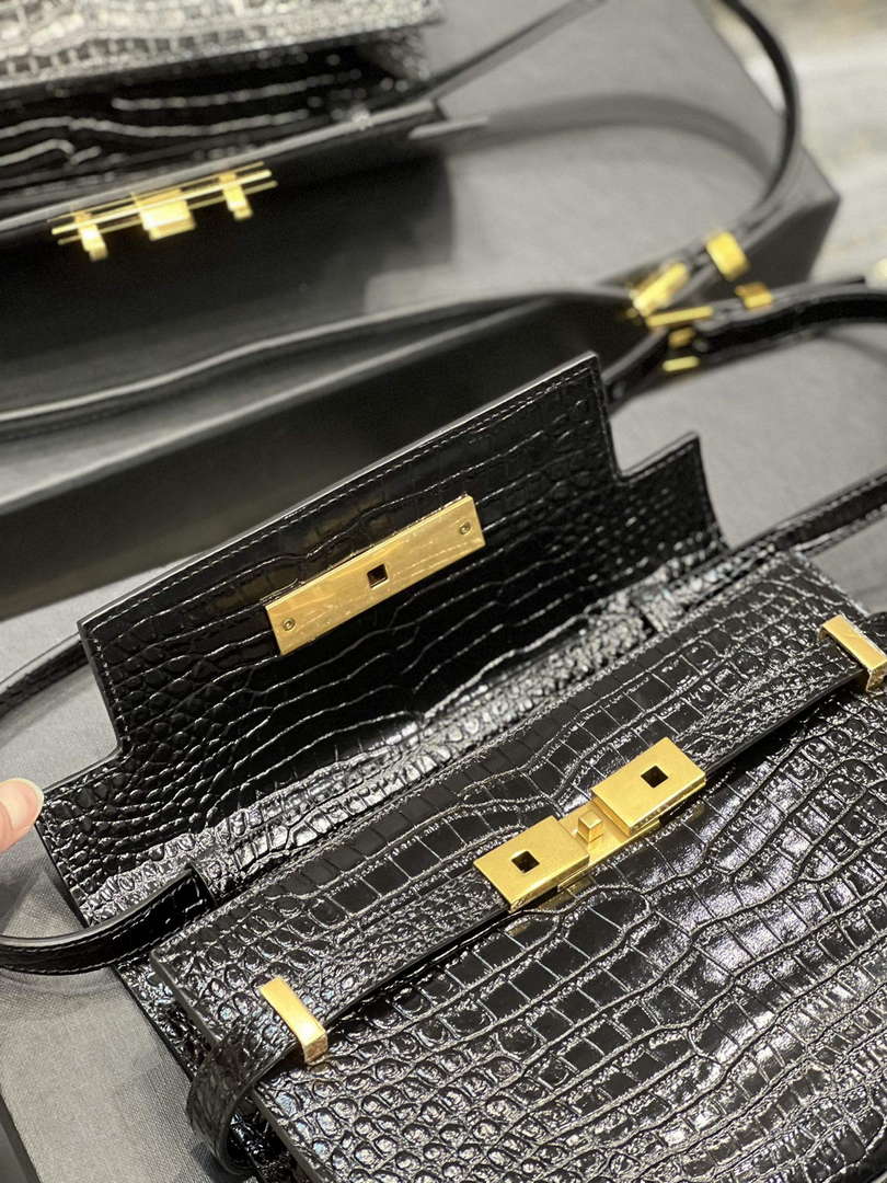 YSL 675626 Manhattan Small Shoulder Bag In Shiny Crocodile-Embossed Leather Black - Default Title - View 7