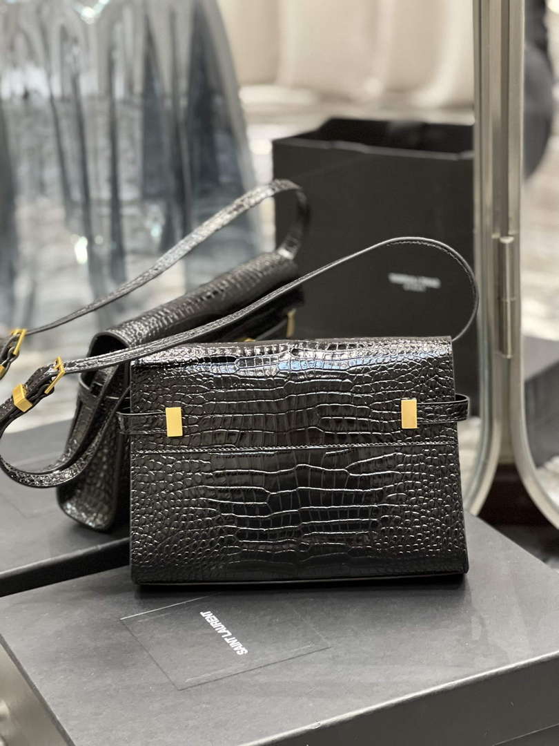 YSL 675626 Manhattan Small Shoulder Bag In Shiny Crocodile-Embossed Leather Black - Default Title - View 9