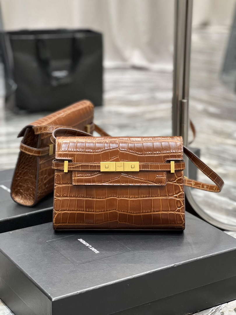 YSL 675626 Manhattan Small Shoulder Bag In Shiny Crocodile-Embossed Leather Caramel - Default Title - View 1