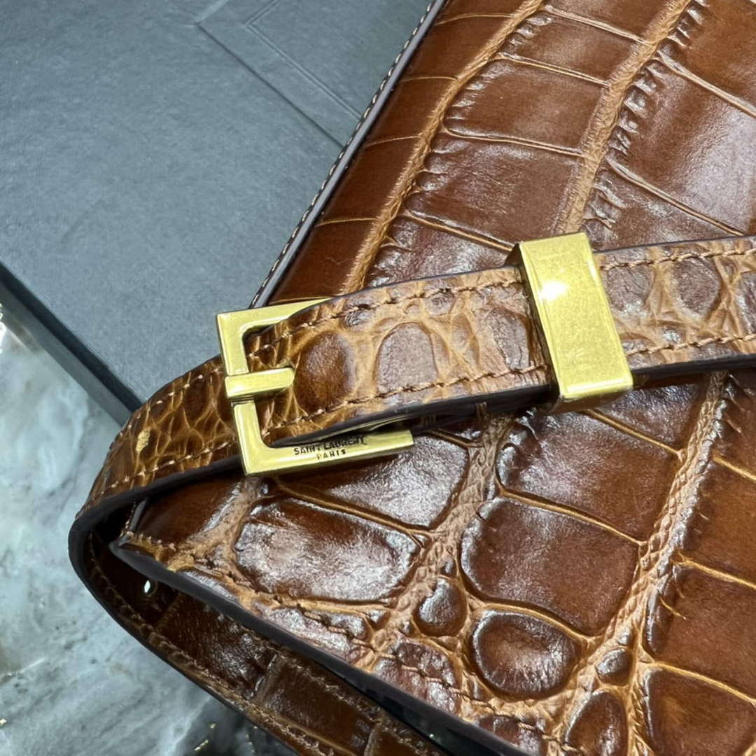 YSL 675626 Manhattan Small Shoulder Bag In Shiny Crocodile-Embossed Leather Caramel - Default Title - View 12