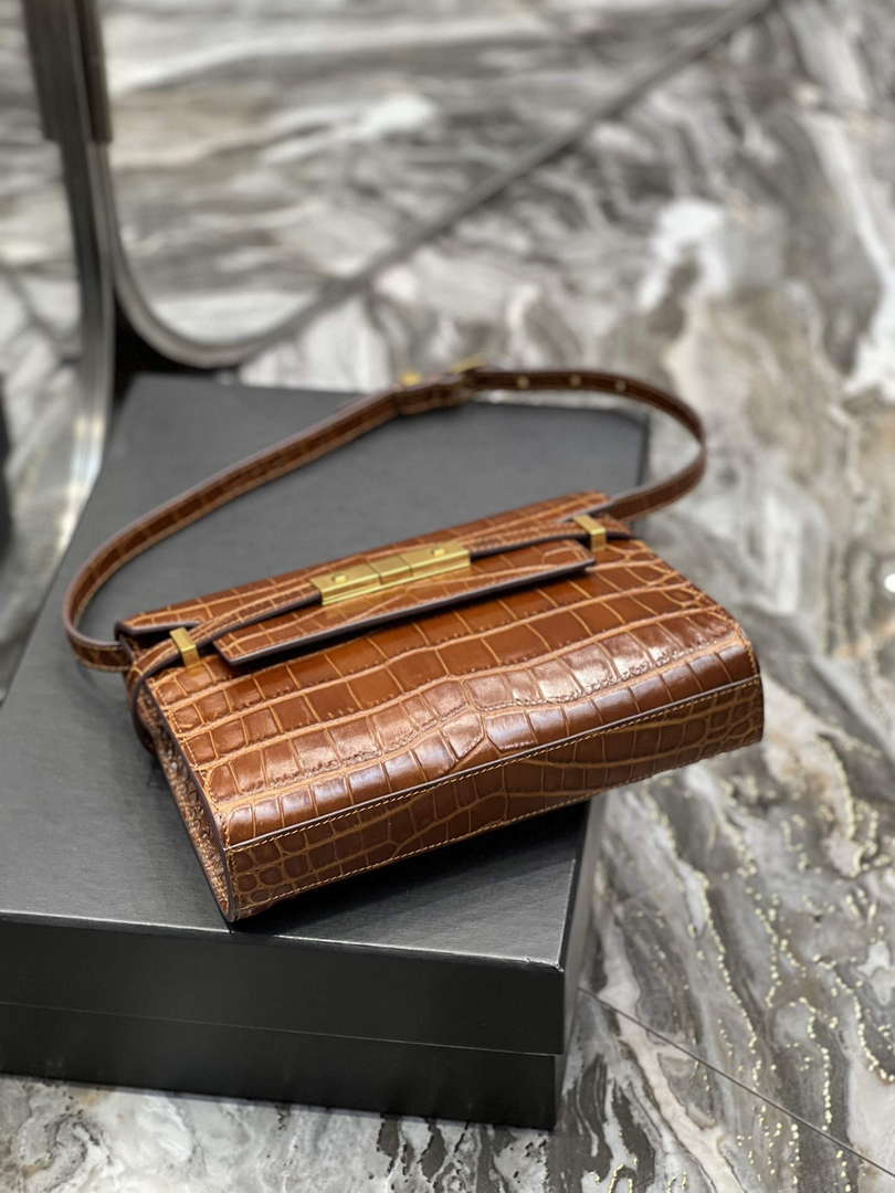YSL 675626 Manhattan Small Shoulder Bag In Shiny Crocodile-Embossed Leather Caramel