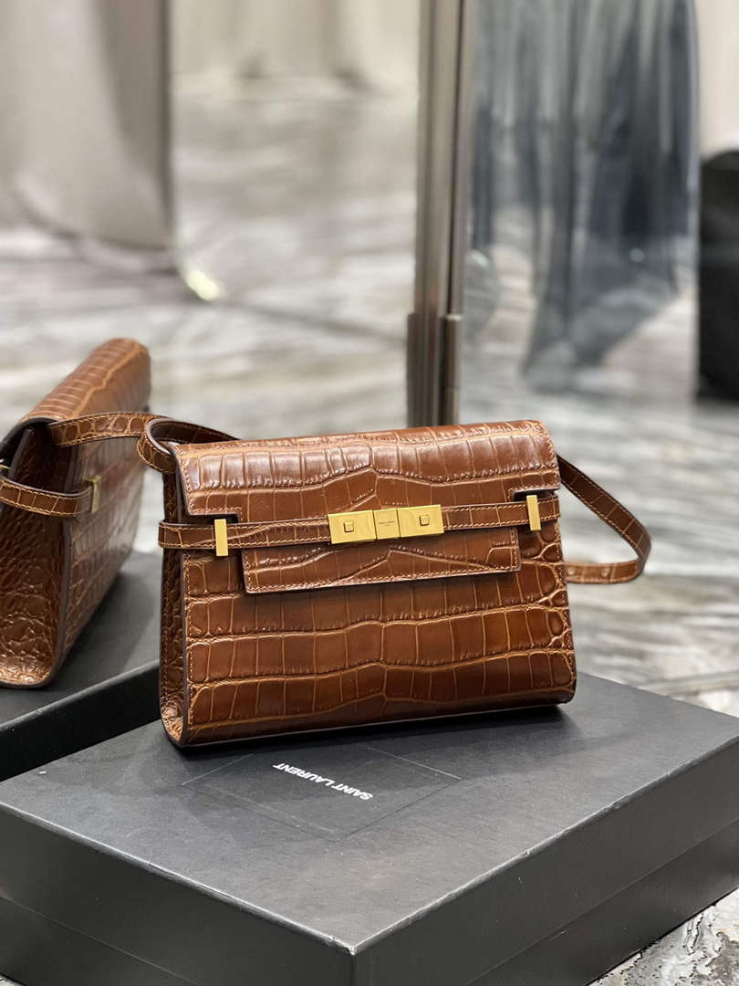 YSL 675626 Manhattan Small Shoulder Bag In Shiny Crocodile-Embossed Leather Caramel - Default Title - View 2