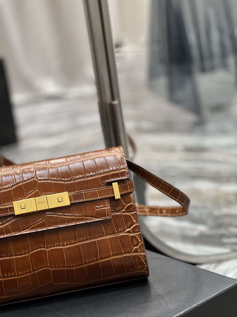 YSL 675626 Manhattan Small Shoulder Bag In Shiny Crocodile-Embossed Leather Caramel - Default Title - View 3