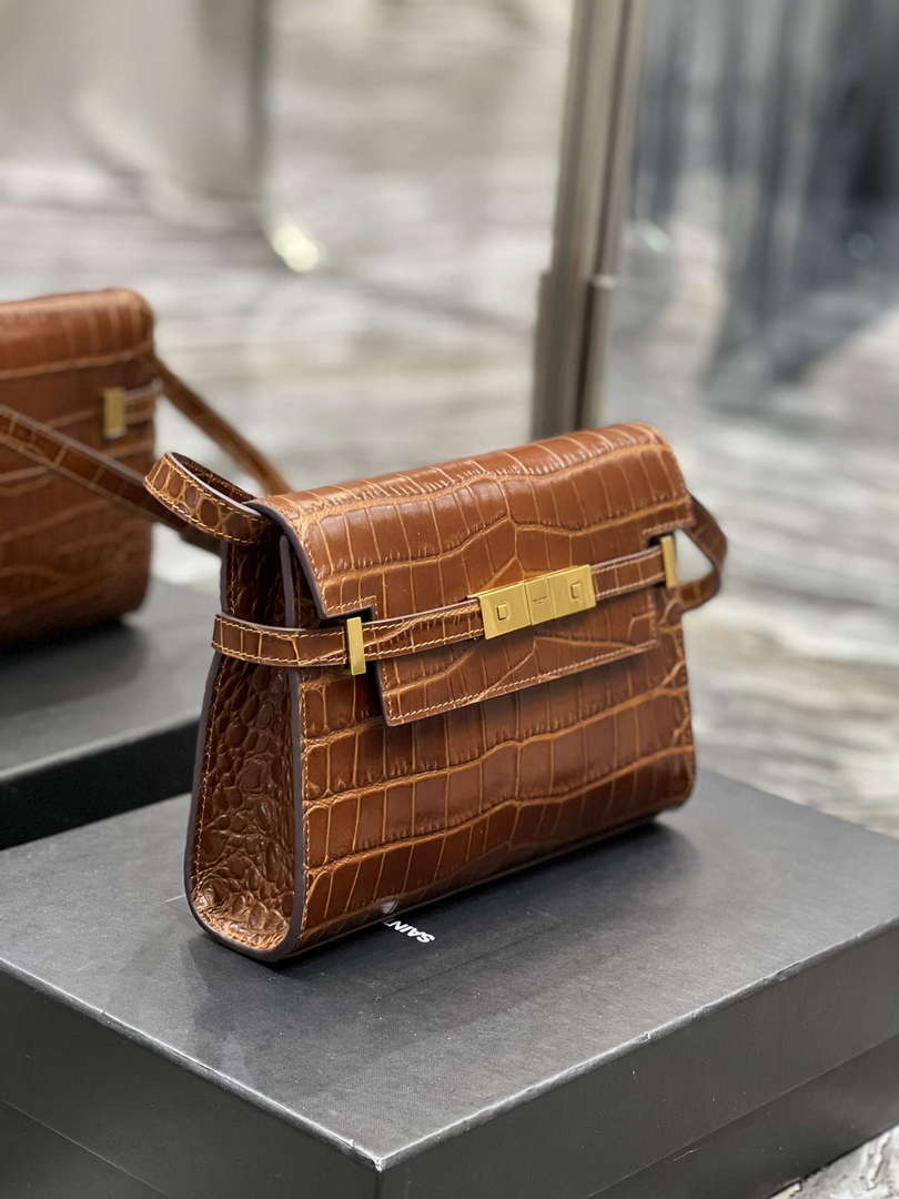 YSL 675626 Manhattan Small Shoulder Bag In Shiny Crocodile-Embossed Leather Caramel