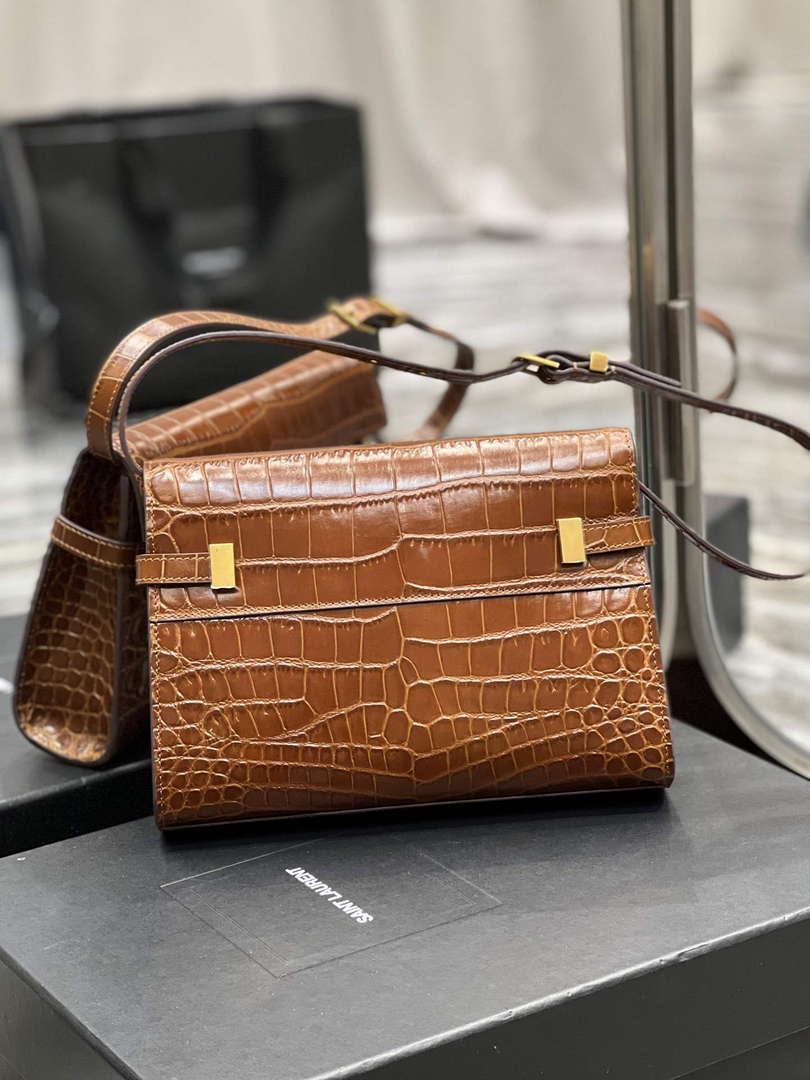 YSL 675626 Manhattan Small Shoulder Bag In Shiny Crocodile-Embossed Leather Caramel