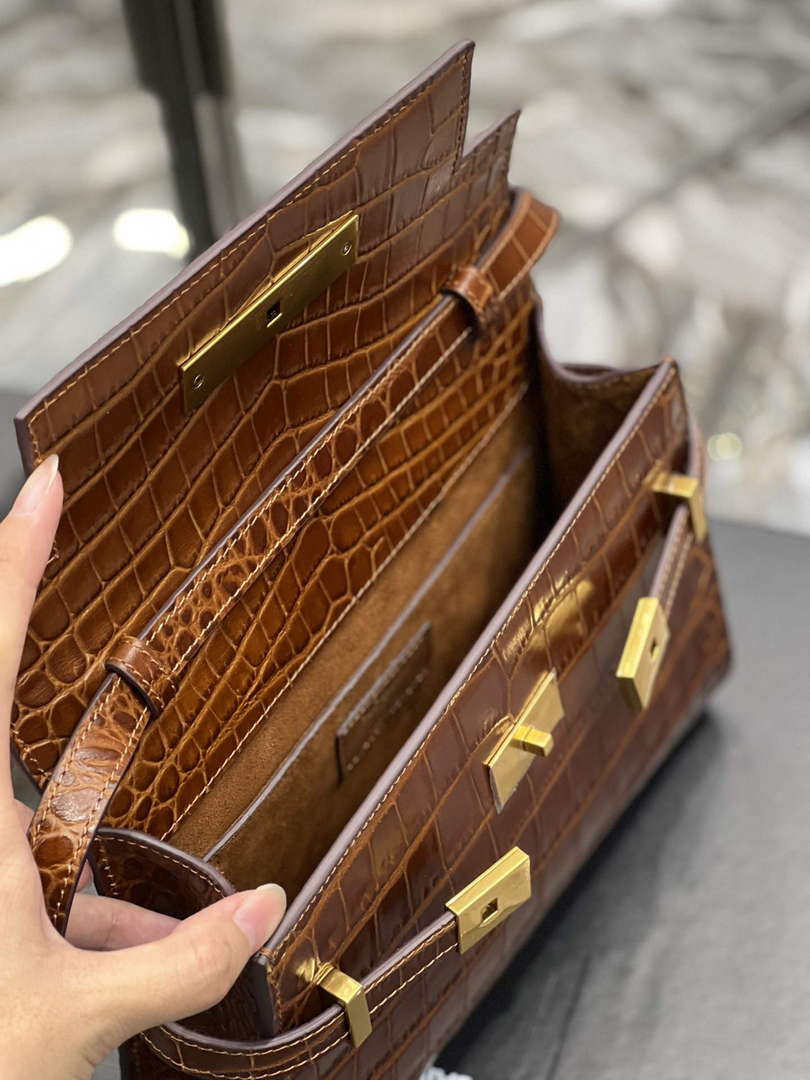 YSL 675626 Manhattan Small Shoulder Bag In Shiny Crocodile-Embossed Leather Caramel - Default Title - View 9