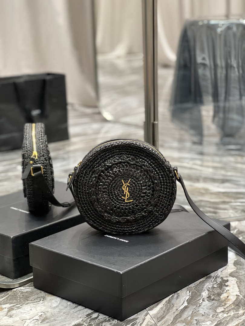 YSL 685601 Saint Laurent Sac Round Raffia Bag In Black