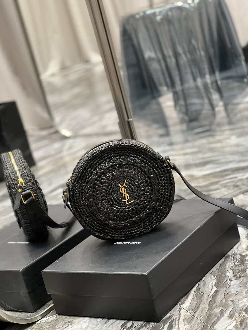 YSL 685601 Saint Laurent Sac Round Raffia Bag In Black - Default Title - View 2