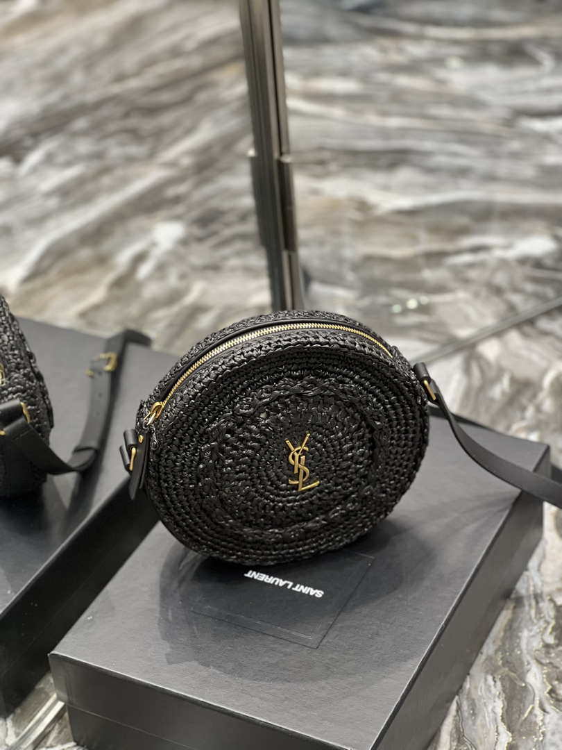 YSL 685601 Saint Laurent Sac Round Raffia Bag In Black - Default Title - View 3