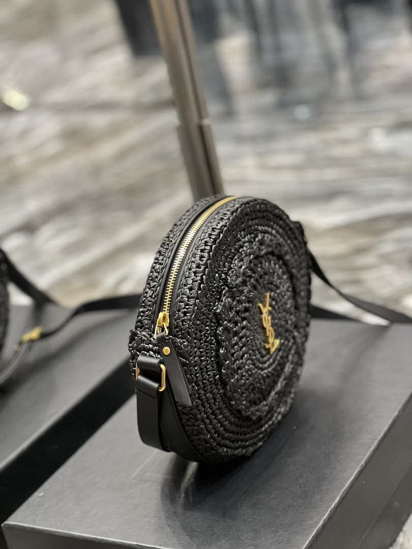 YSL 685601 Saint Laurent Sac Round Raffia Bag In Black - Default Title - View 4