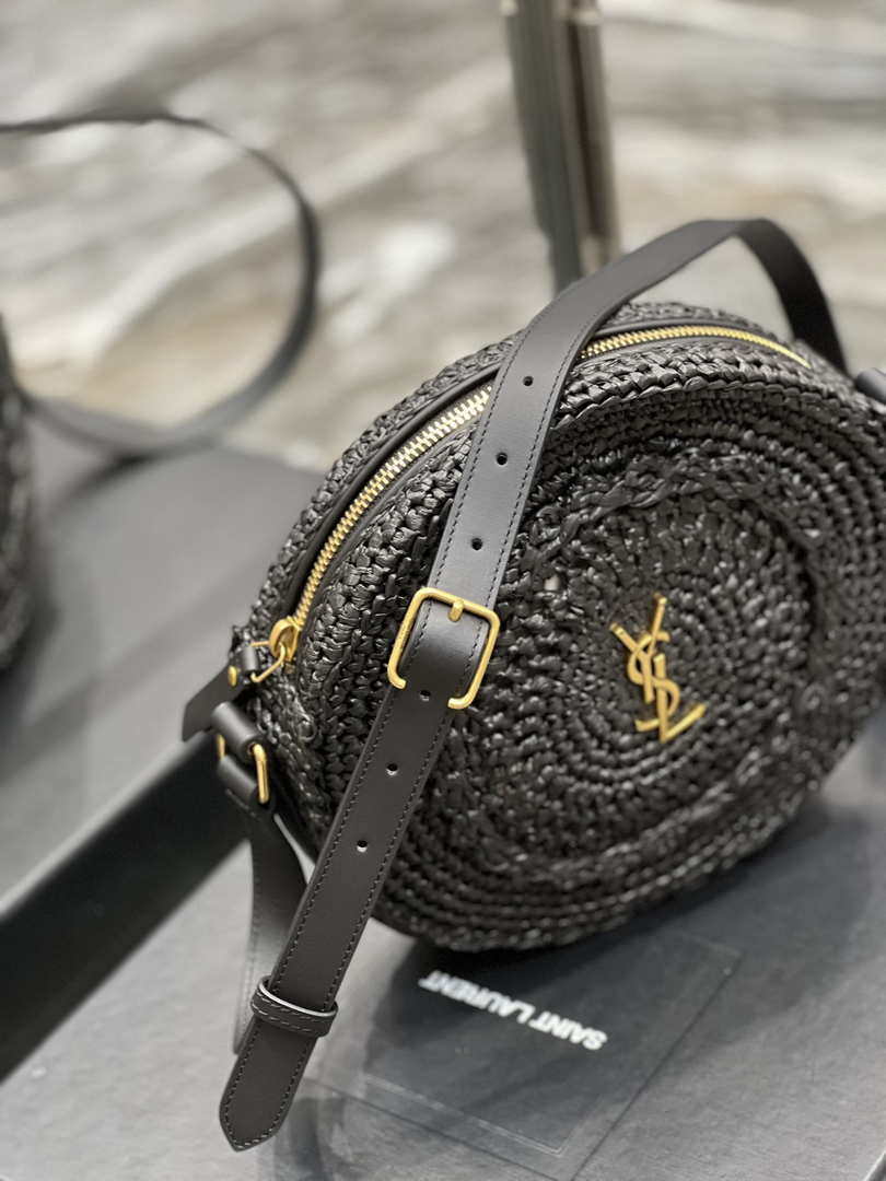 YSL 685601 Saint Laurent Sac Round Raffia Bag In Black