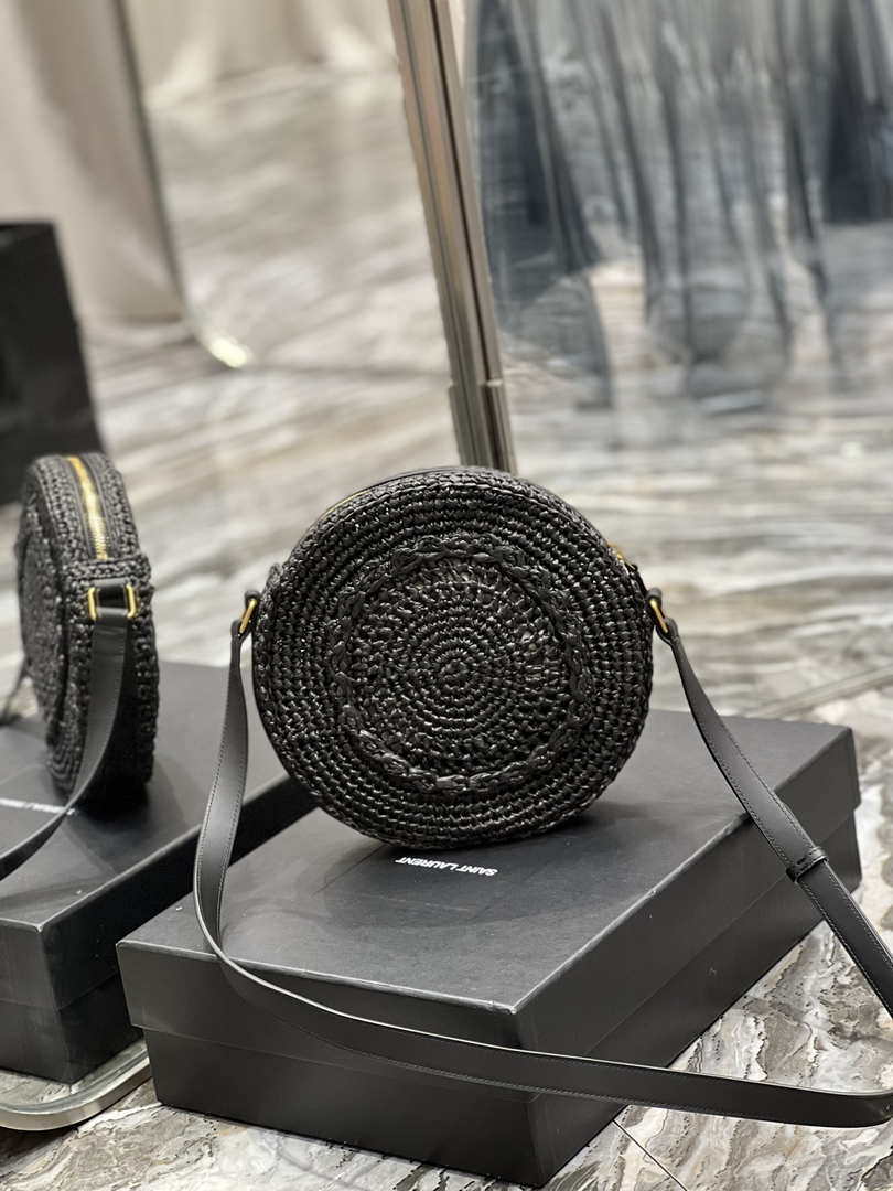 YSL 685601 Saint Laurent Sac Round Raffia Bag In Black