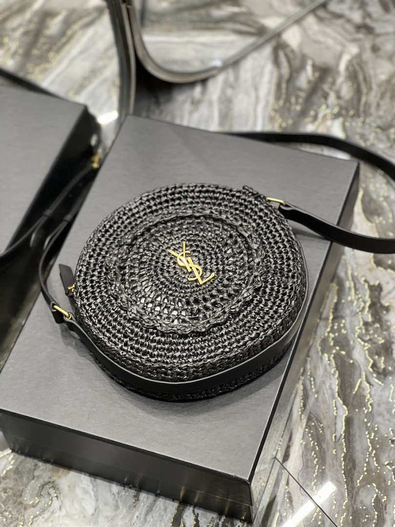 YSL 685601 Saint Laurent Sac Round Raffia Bag In Black