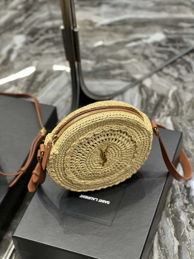 YSL 685601 Saint Laurent Sac Round Raffia Bag In Neutral
