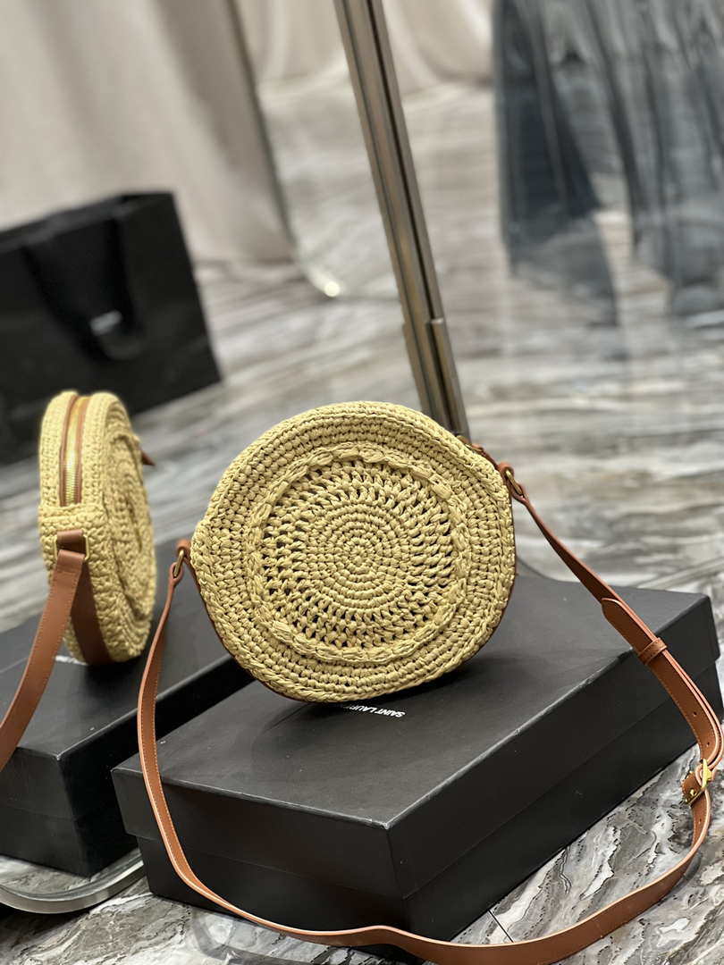YSL 685601 Saint Laurent Sac Round Raffia Bag In Neutral