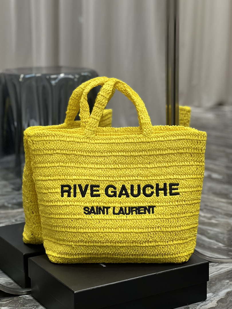 YSL 688864 Saint Laurent Rive Gauche Tote in Yellow Raffia - Default Title - View 1