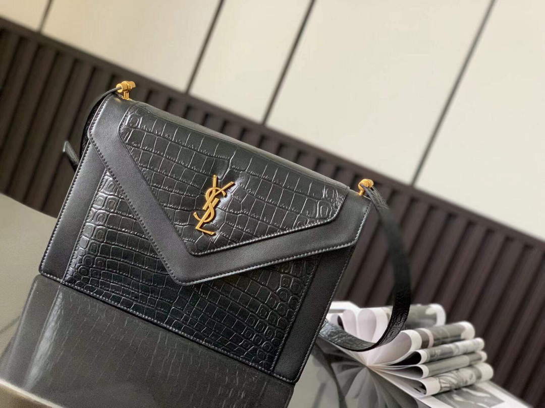 YSL 695724 Gaby Satchel In Crocodile-Embossed Lacquered Leather And Lambskin black - Default Title - View 1
