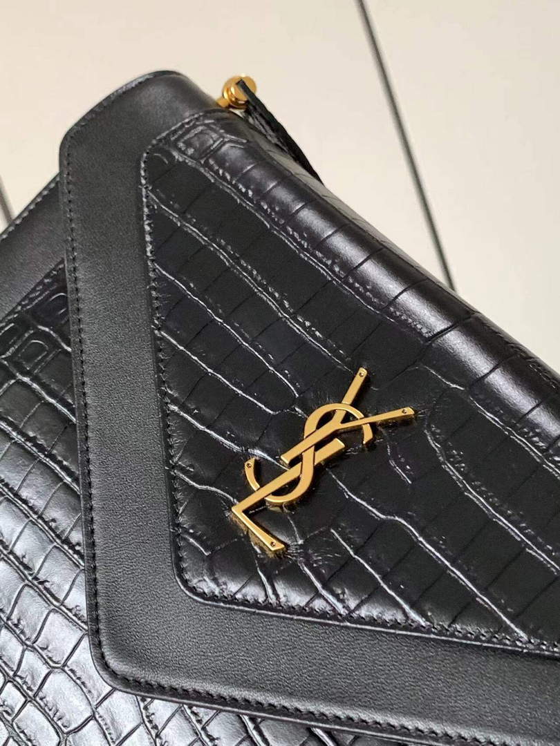 YSL 695724 Gaby Satchel In Crocodile-Embossed Lacquered Leather And Lambskin black