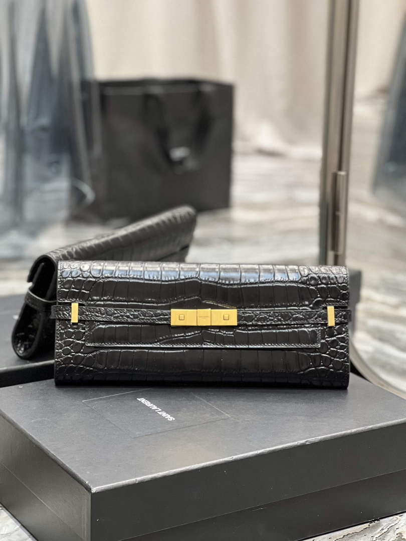 YSL 695949 Manhattan Clutch In Crocodile-Embossed Leather Black - Default Title - View 1