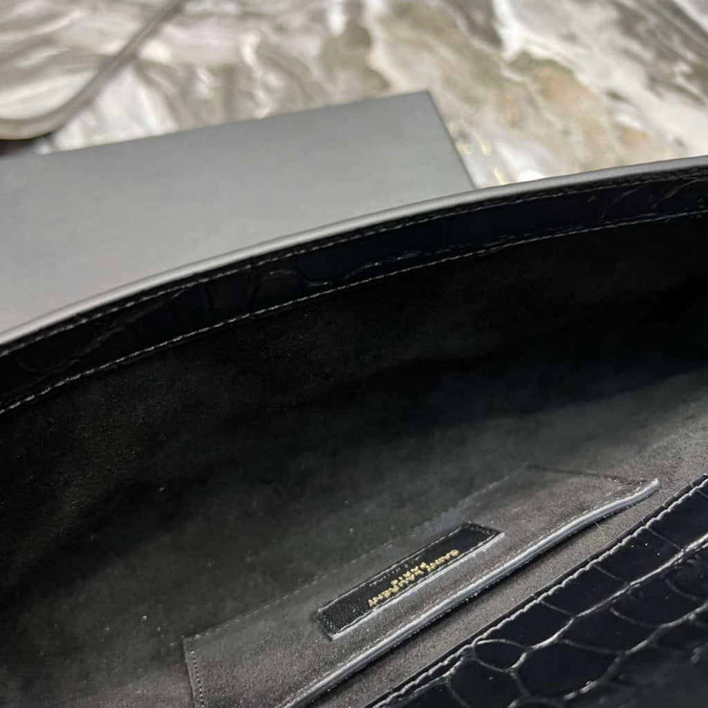 YSL 695949 Manhattan Clutch In Crocodile-Embossed Leather Black