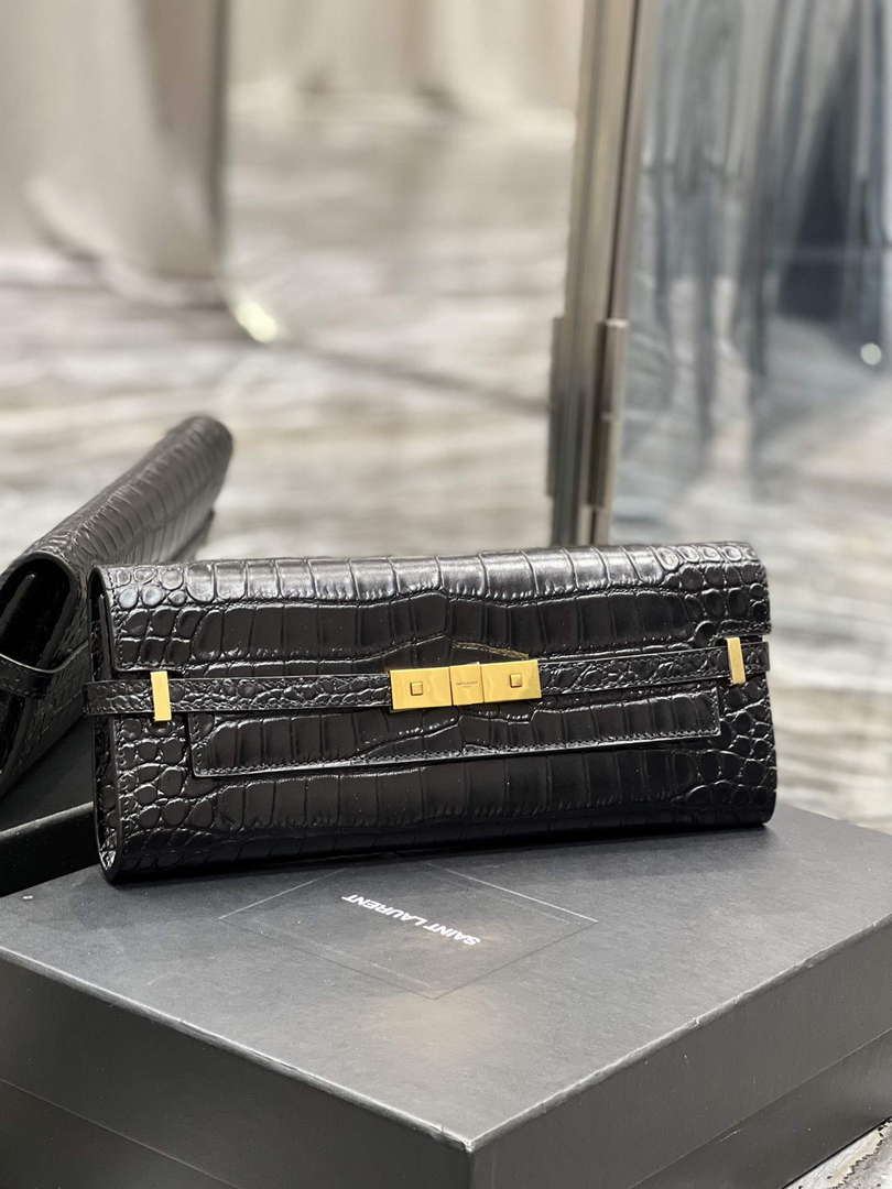 YSL 695949 Manhattan Clutch In Crocodile-Embossed Leather Black